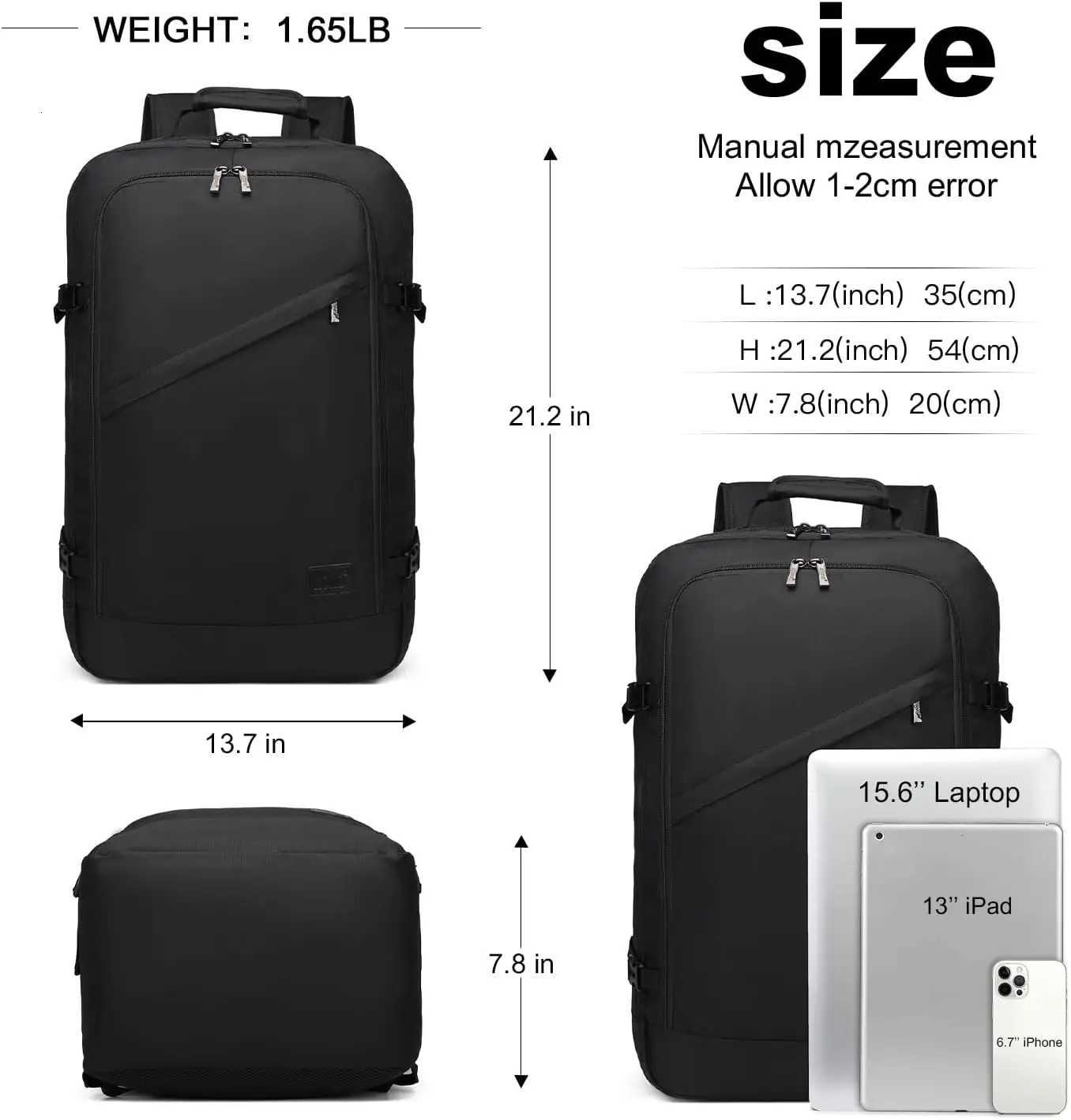 KONO Carry on Backpack Airplane Approved Under Seat Travel Backpack Waterproof Lightweight Daypack 20L30L38L W251025