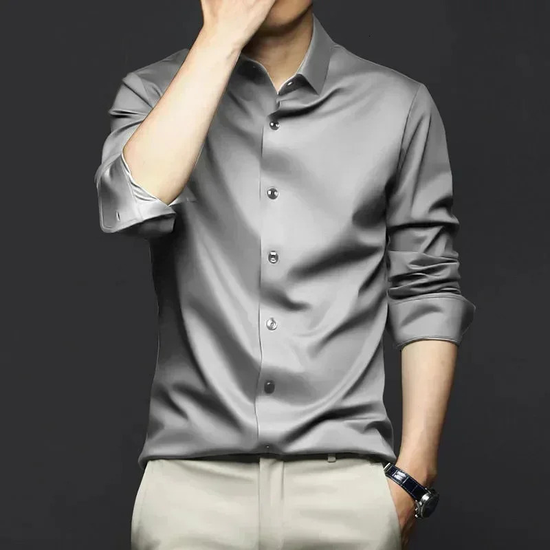 S6XL Mens Long Sleeve Shirt Wrinkle Resistant Pure White Shirt Business Dress Casual Ice Silk Glossy Shirt 251023