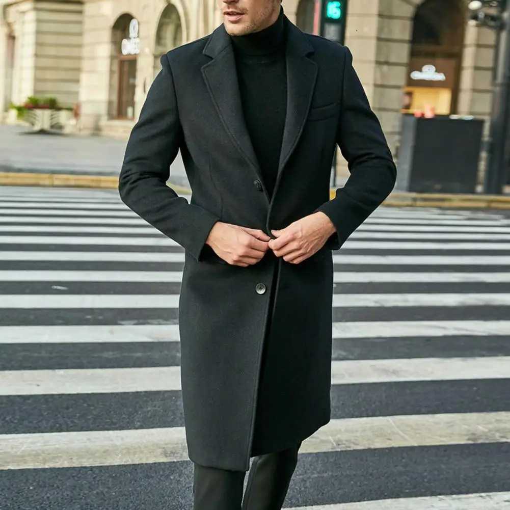 Threebutton Coat Stylish Mens British Style Long Coat Warm Solid Color Windbreaker with Turndown Collar SinglebreastedT251025