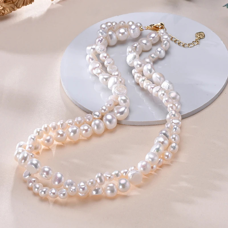 Natural Freshwater Pearls Double Layer Beaded Baroque Shape Necklace S925 Sterling Silver Chain Elegant Jewelry Gifts for Women 251016