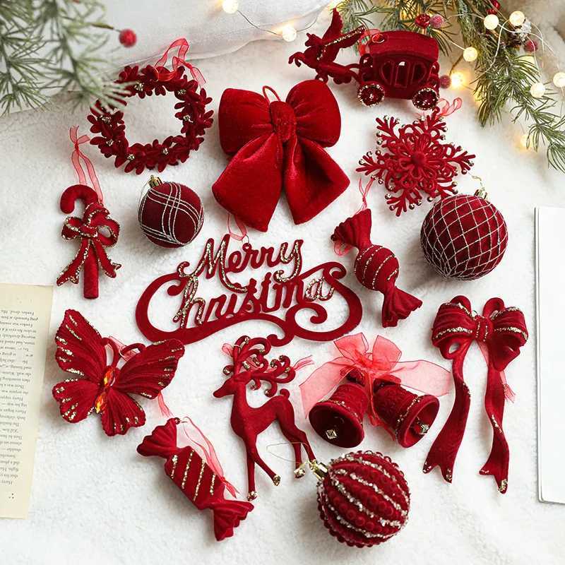 Red Flocking Christmas Bow Wreath Bell Christmas Tree Snowfall Elk Pendant Hanging Ornament Navidad 2026 Noel Home Party Decor C251024