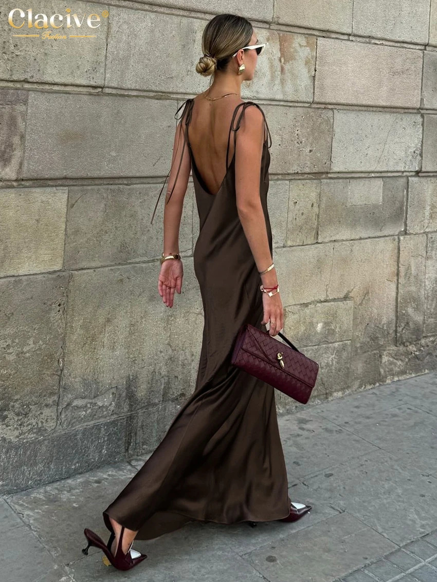 Clacive Fashion Loose Brown Satin Womens Dresses 2025 Summer Strap Sleeveless Floor Length Dress Sexy Backless Female Dress 251023
