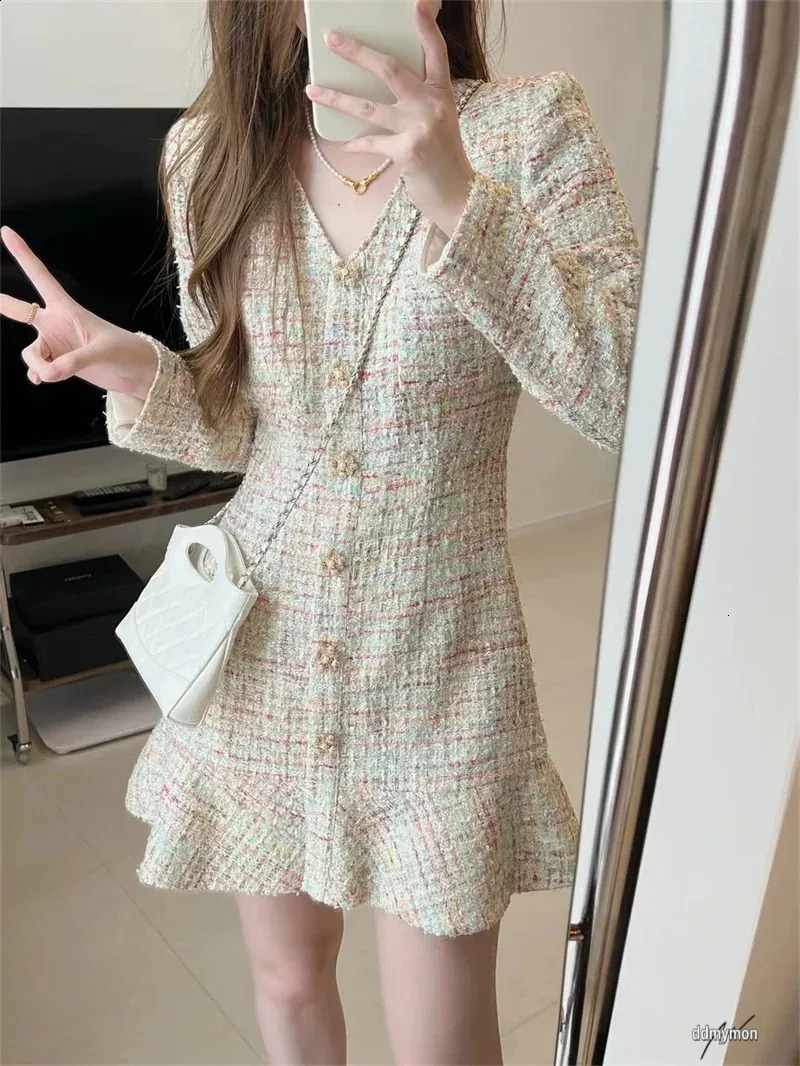 Dresses Women, Women's Tweed Mini - Elegant V-Neck Long Sleeve A-Line Ruffle Hem Short Dress For Autumn Fashion Ddmymon