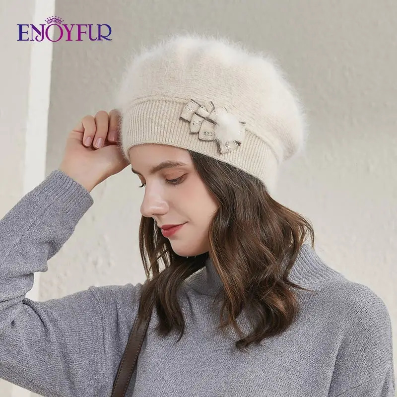 ENJOYFUR Cashmere Beret Hat Female Rabbit Knitted Winter Hats Caps Lady MiddleAged Cap Fashion BowKnot Ball Gorro Warm Hat 251023