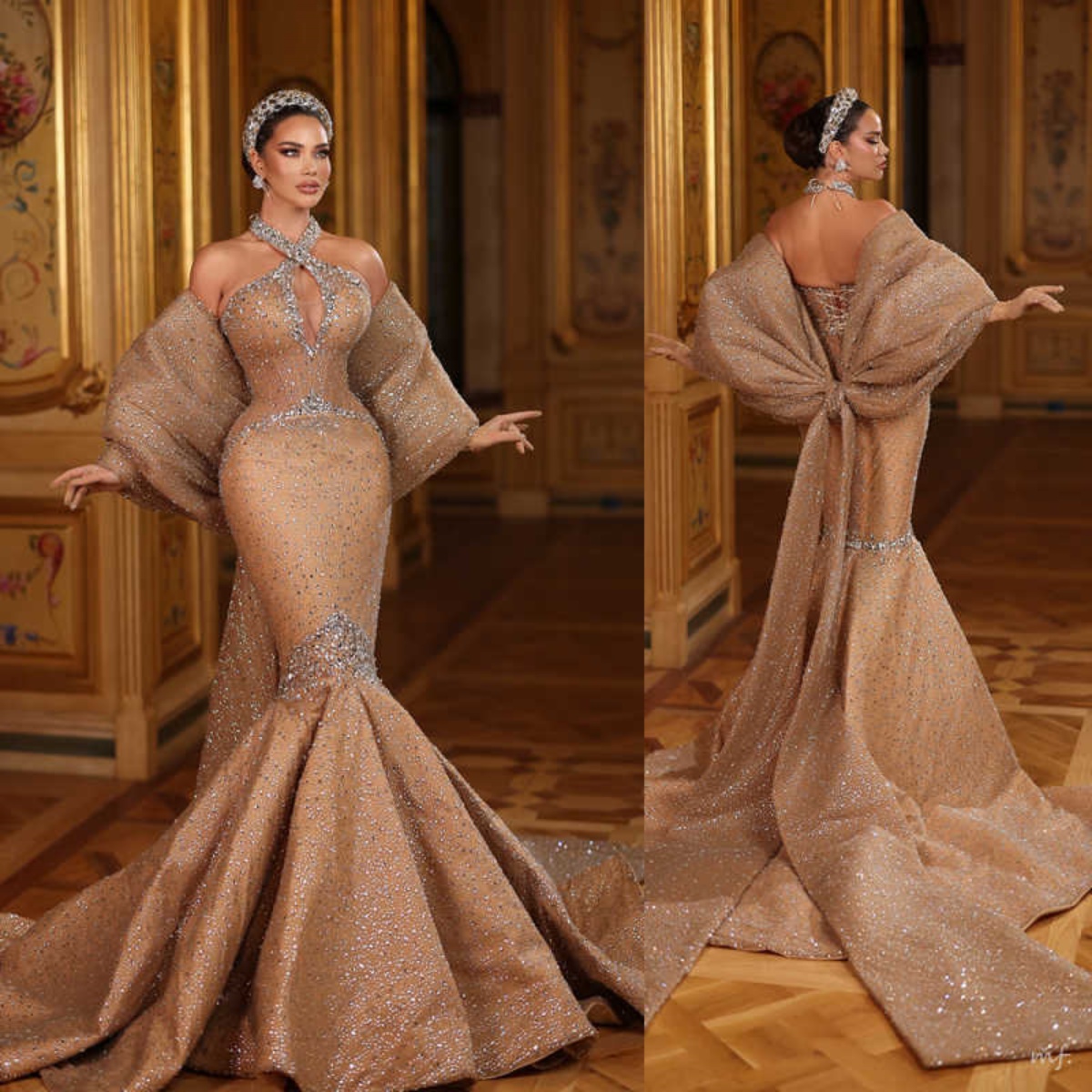 Luxury Mermaid Evening Dresses with Cape Halter Crystal Sequin Beading Dinner Party Prom Bride Gowns Customized