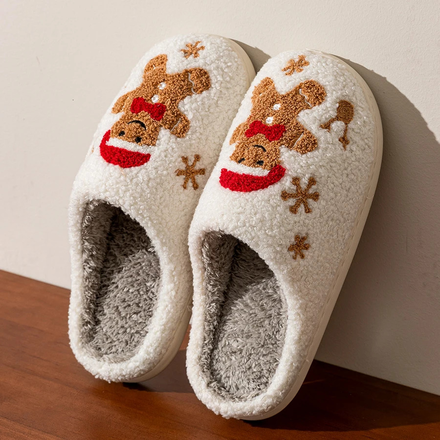 Womens Christmas Slippers Adorable Indoor Festival Gingerbread Man Embroidery Couple Fashion Winter Holiday Christmas Shoes251020