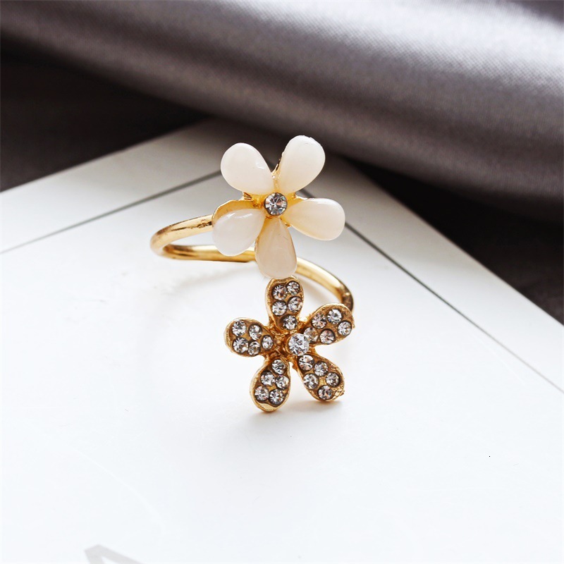 New Cat's Eye Stone Open Version Micro Pave Five-Leaf Flower Ring Korean Trendy Jewelry