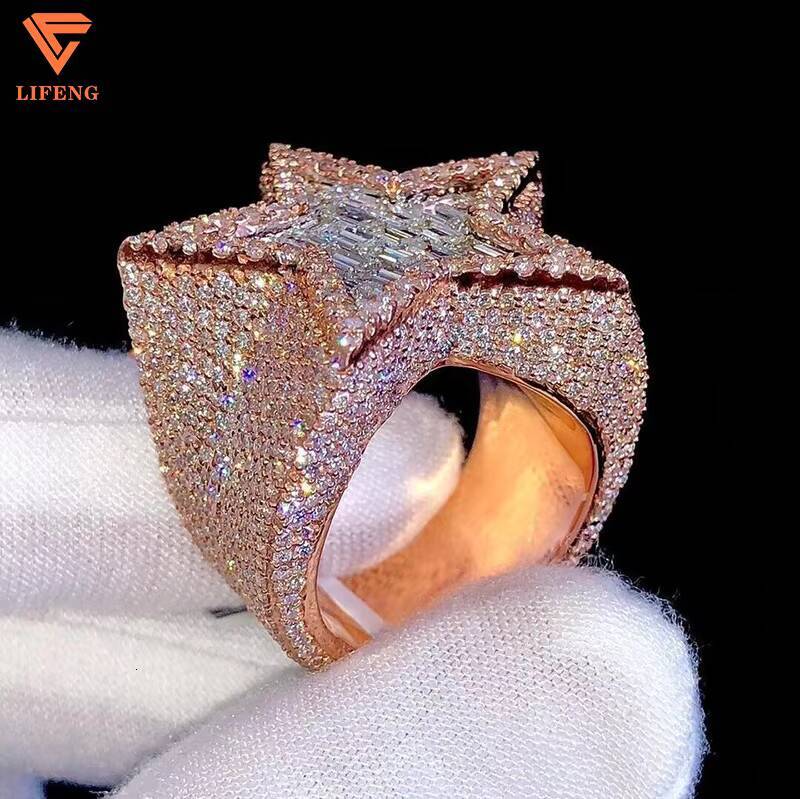 925 Sterling Silver Mens Hip Hop Ring VVS Moissanite Iced Crystal Pentagram Stars Baguette Shape Unisex Rhodium Anniversary