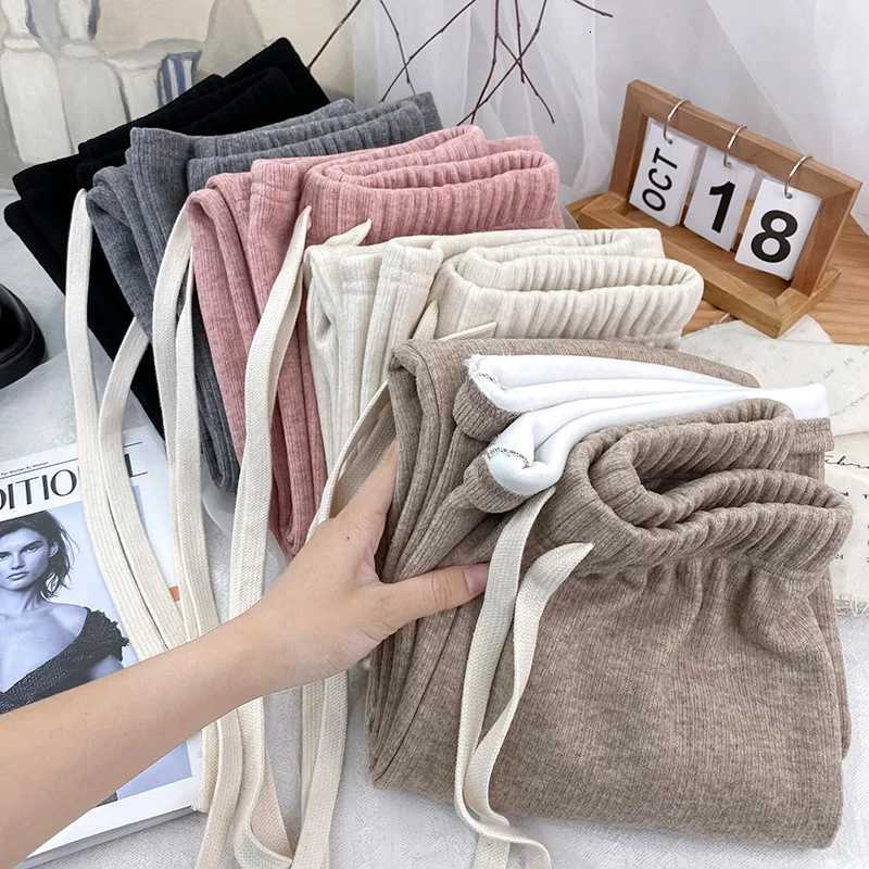 Imitation Cashmere Knitted for Women in Autumn Winter Thickened Velvet High Waist Loose Casual Straight Wide Leg PantsT251025