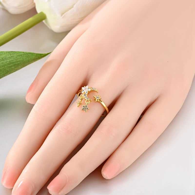Original 925 Sterling Silver Gold Color Star Moon Tassel Open Rings for Women Girls Jewelry Birthday Anniversary GiftsXJ251025