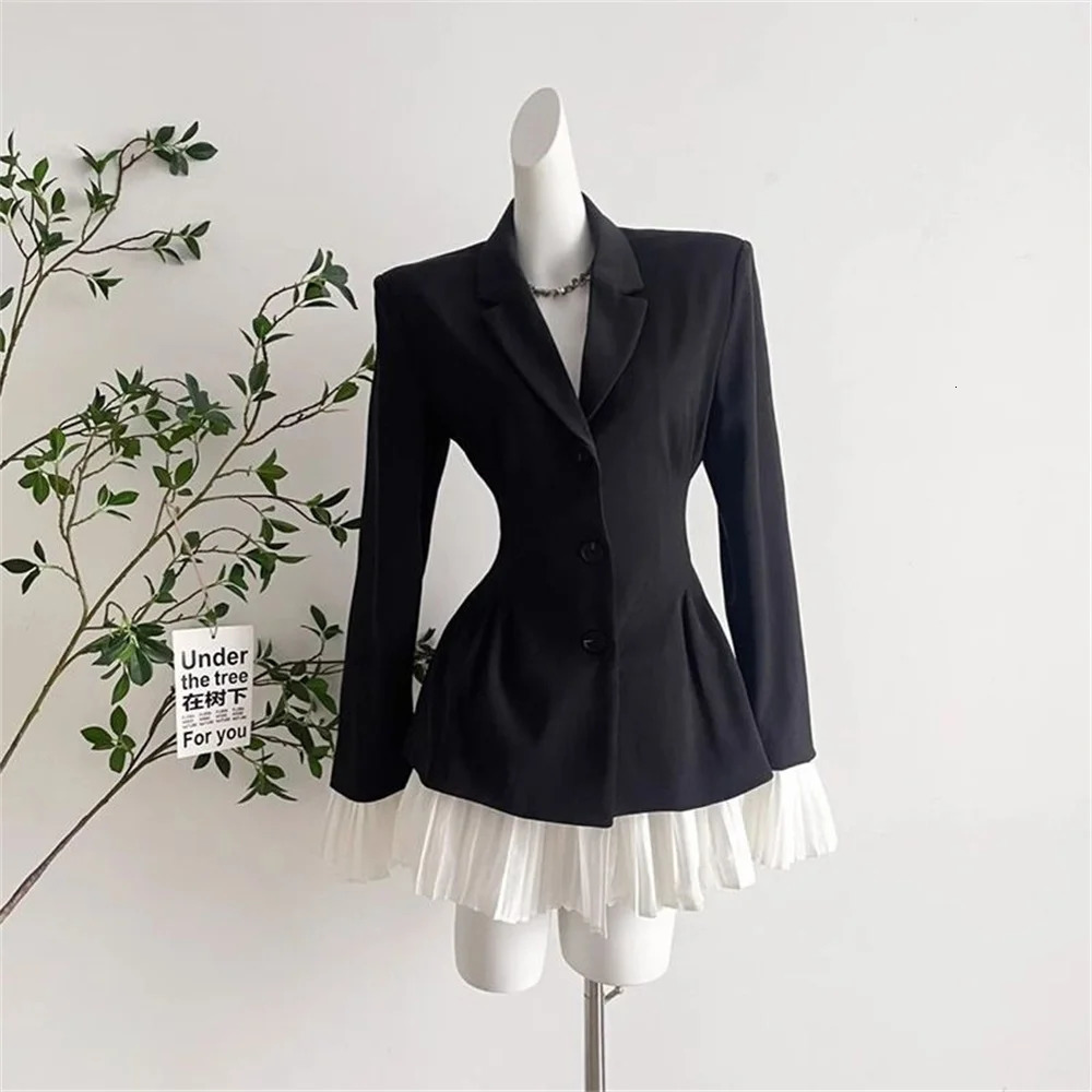 Black White Patchwork Blazer Pleated Spliced Dresses For Women Clothing Spring Autumn Fashion Blazer Coat Aline Dress 251024