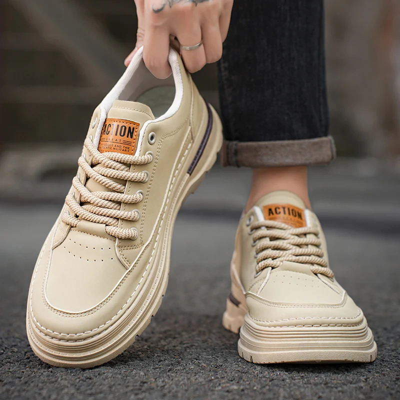 HKDQ Fashion Beige Sneakers Men Comfortable NonSlip Work Shoes for Men Outdoor Leather Casual Shoes Versatile Mens Shoes 251023