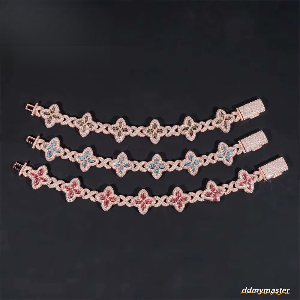 Rich Color Flower Design 18Mm Custom Iced Out Hip Hop Unisex Jewelry Cuban Link Chain Sier VVS Moissanite Bracelet Ddmymaster