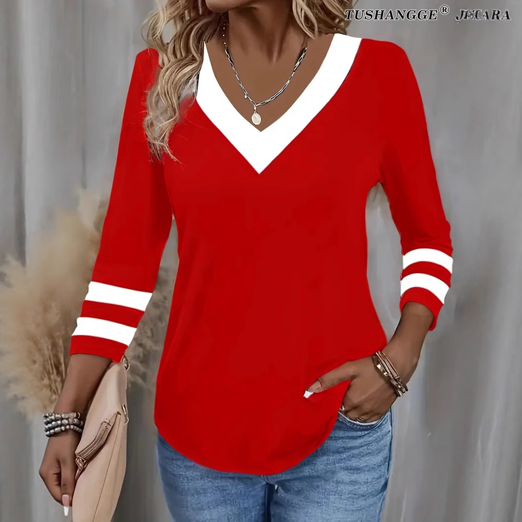 American Style 2025 New Casual Fashion Trend Color Block Long Sleeve V-Neck T-Shirt