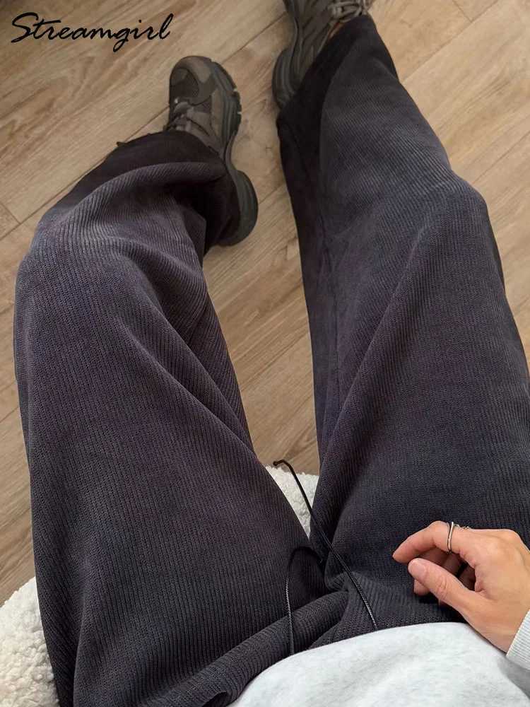 Streamgirl Women Winter Corduroy Pants Dark Brown With Thick Warm Fleece Trousers Corduroy High Waist Loose Pants For WomenT251025