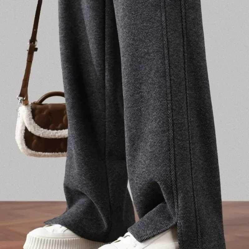 New Herringbone Pants for Womens Autumn and Winter Woolen Slit Pants Straight Banana High Waist Casual PantsT251025