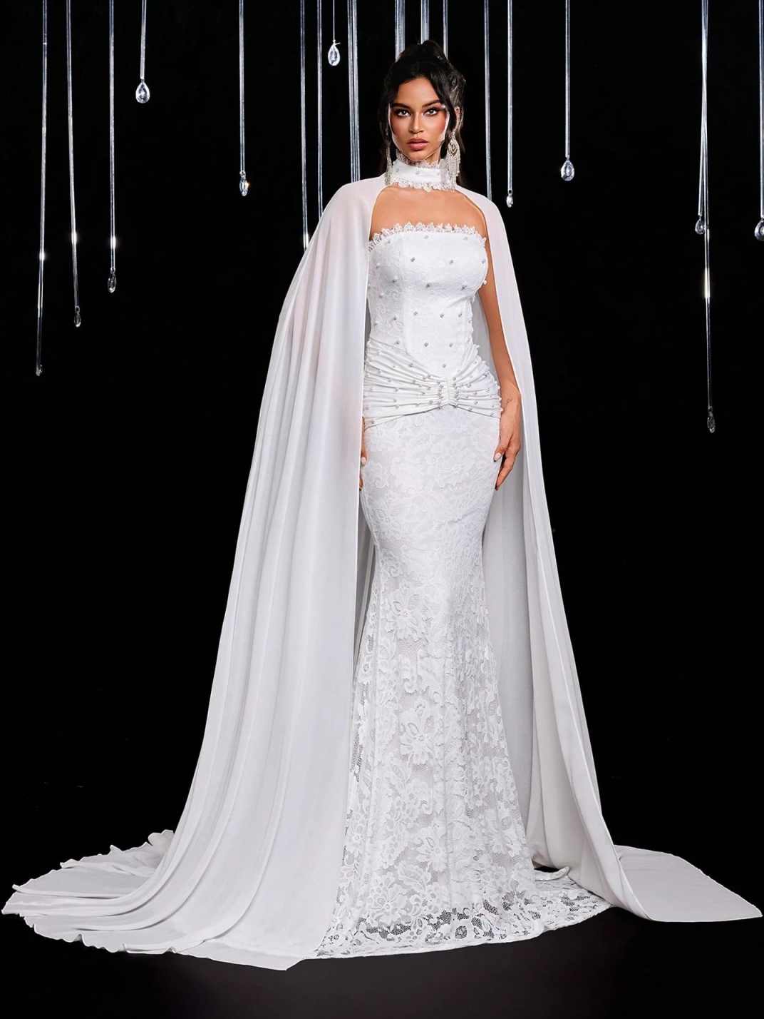 Luxury Lace Wedding Dress for Women Cloak Mermaid Pearls Chapel Train Ruched Engagement Vestidos De Gala Customized