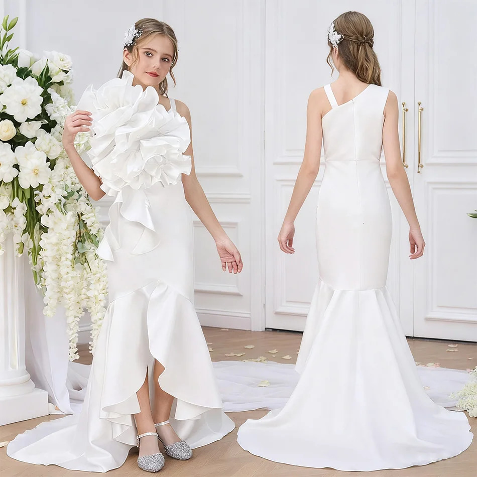 White Satin Princess Dress with Bow Asymmetrical Mermaid Gown with Ruffle Bustier for Flower Girls Banquets and Birthday Parties 251023