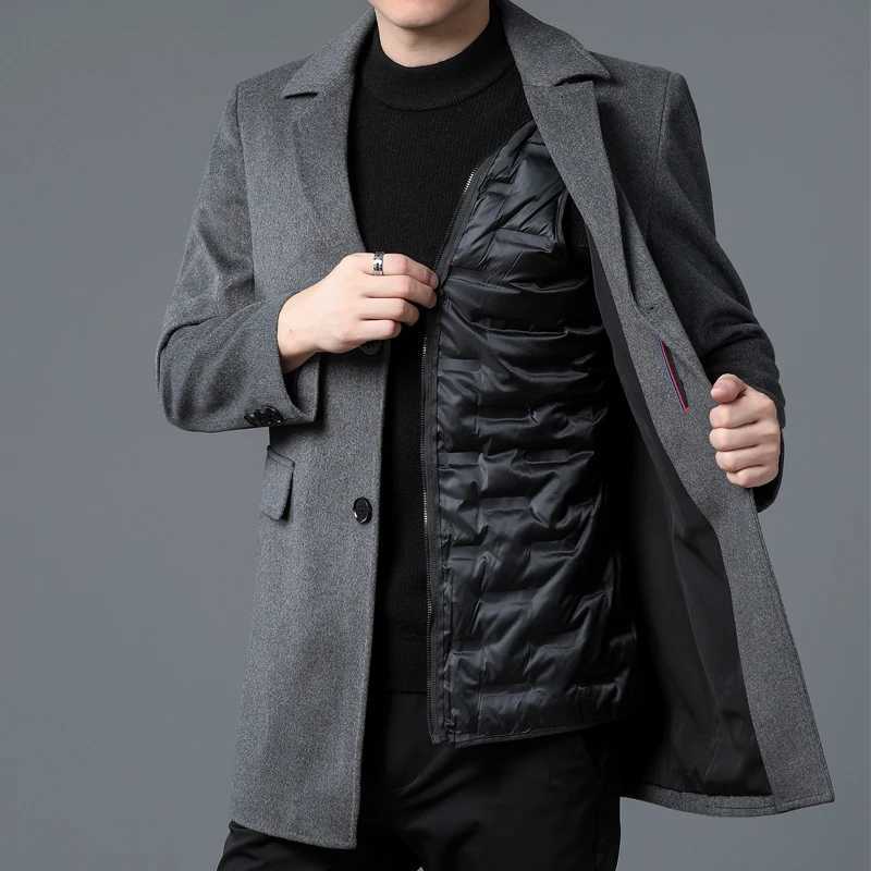 Winter Men Wool Essential Coat Black Gray Thick Thermal Overcoat With Detchable Down Puff Vest Attire Gentlemen Warm Soft OutfitT251025