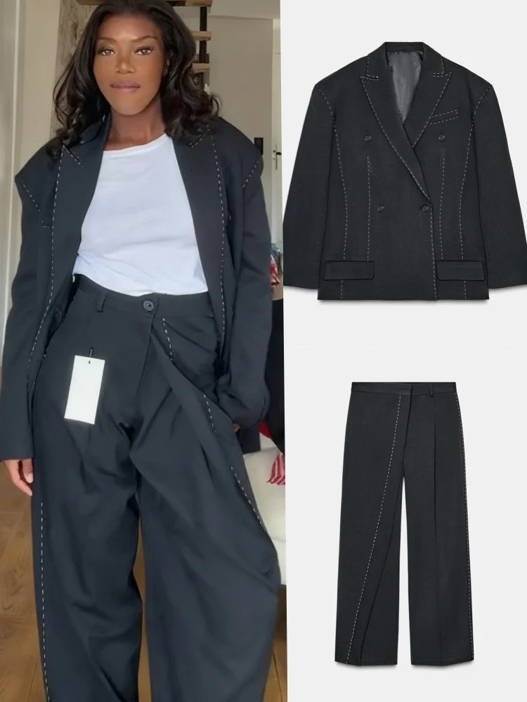 Oversize Contrast Stitch Structured Suit Set Lapel DoubleBreasted Blazer Straight Leg Pants 2025 Chic Retro Lady Commute Sets 251013