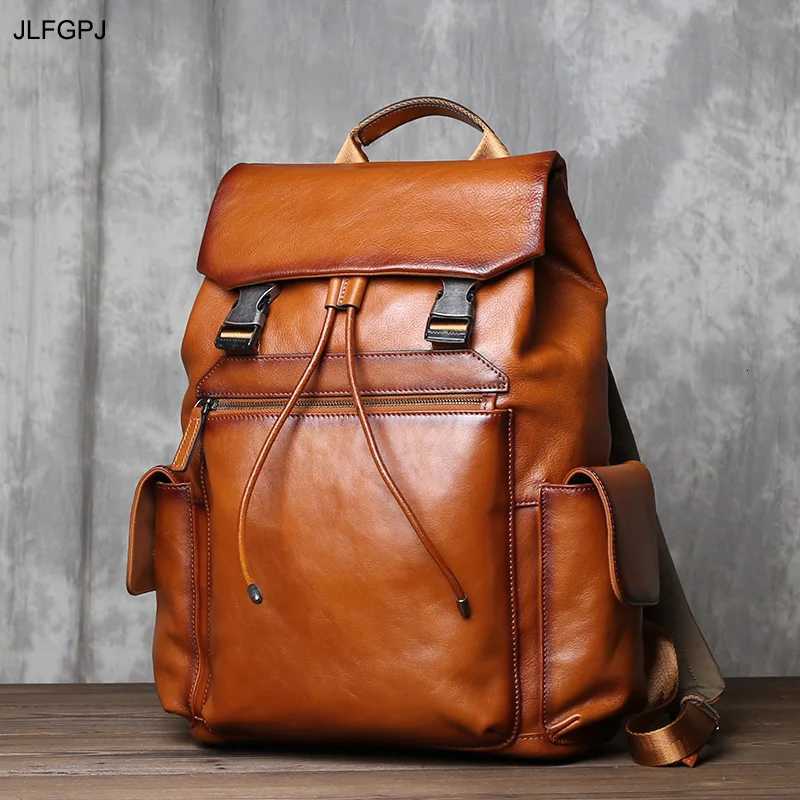 Solid Color Highcapacity Tree Cream Genuine Leather Backpack With Simple Drawstring Top Layer Cowhide 15 Inch Computer Bag W251025
