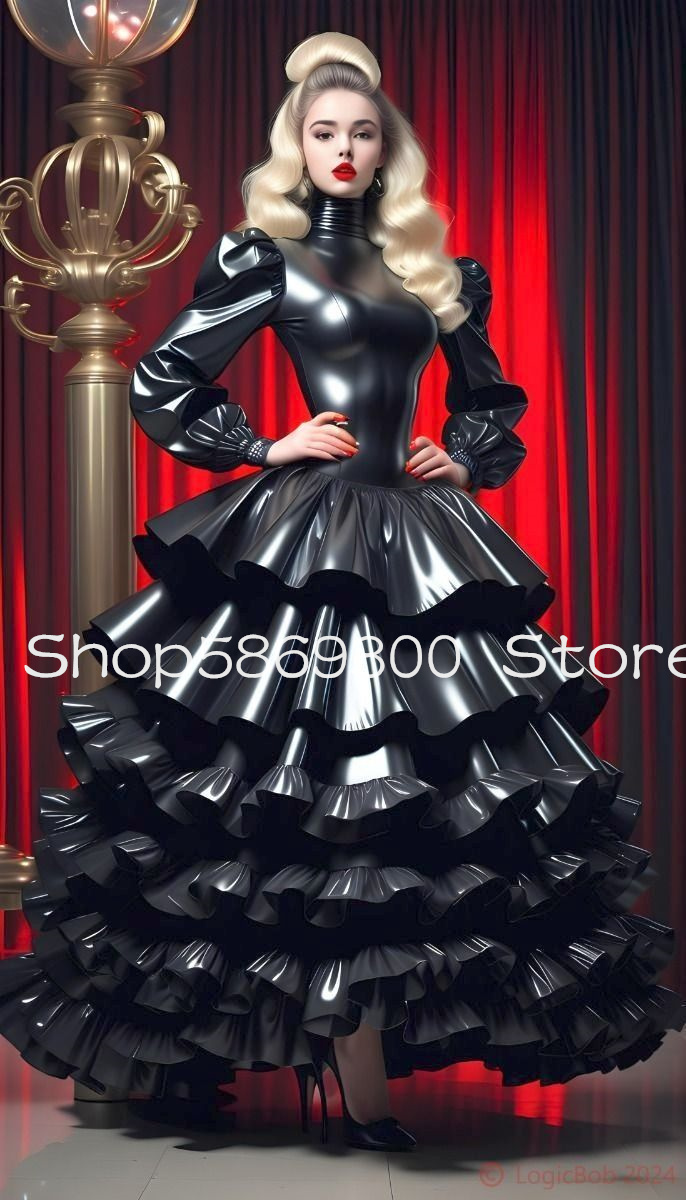 Shiny Black Modern Evening Occasion Dresses Puffy Ruffles Skirt High Neck Long Sleeve Prom celebrity Gown customsized
