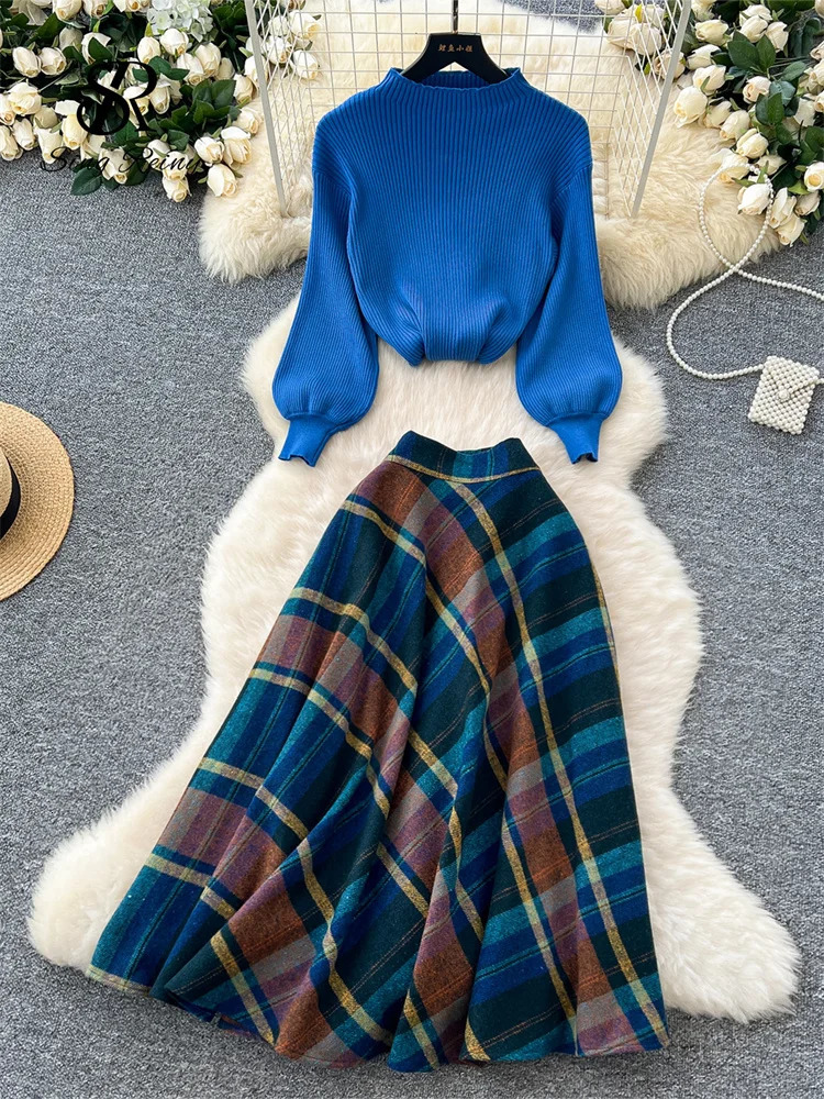 SINGREINY Fashion Spring Knitted Two Pieces Sets Women Loose PulloversPlaid A Line Long Skirt High Street Print Casual Suits 251020