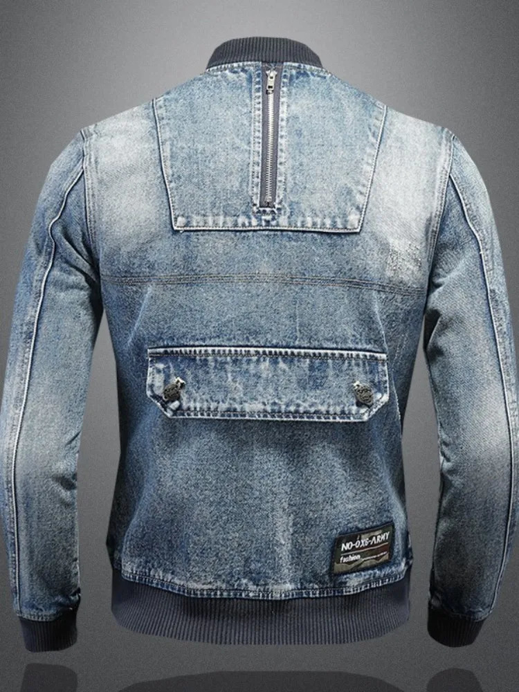 Mens Denim Bomber Jacket Slim Fit Vintage Moto Biker Short Cargo Coat Male Long Sleeve High Street Stand Collar Pilot Jackets 251017