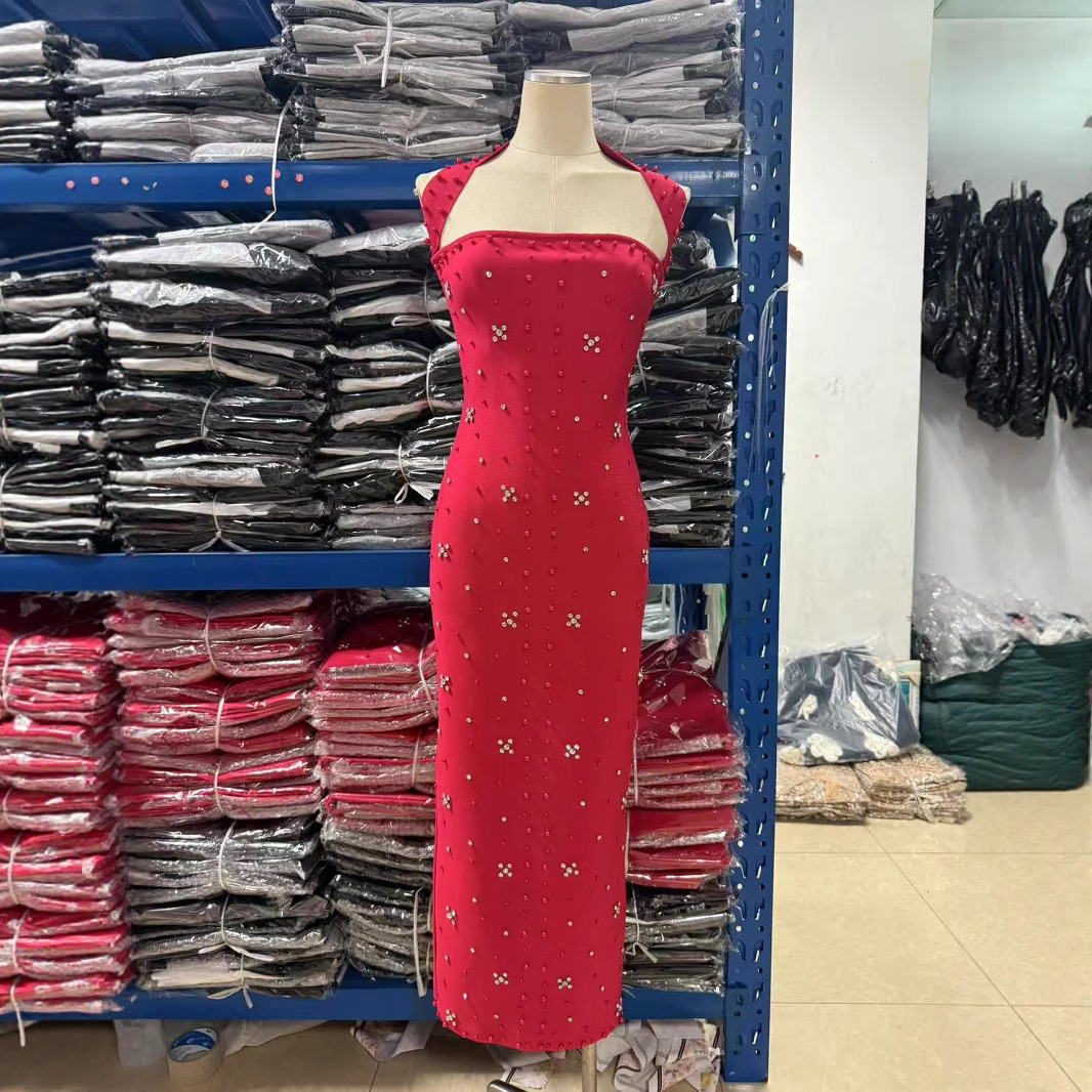 New European and American 2025 Women's Designer Fashion Sexy Strap Diamond Heavy Craft Tight Dress Pearl Bandage Dress