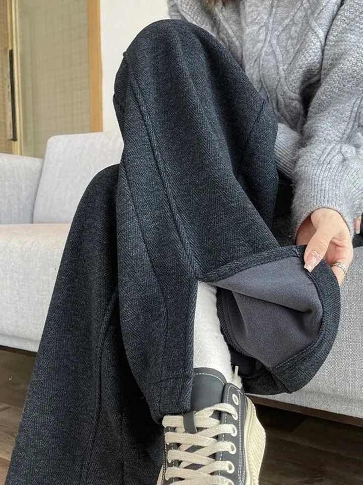 Women Wide Leg Pants Simple Office Lady Plush Thicken Autumn Winter Harem Trouser Solid Casual Harajuku Female Lace Up Pants NewT251025