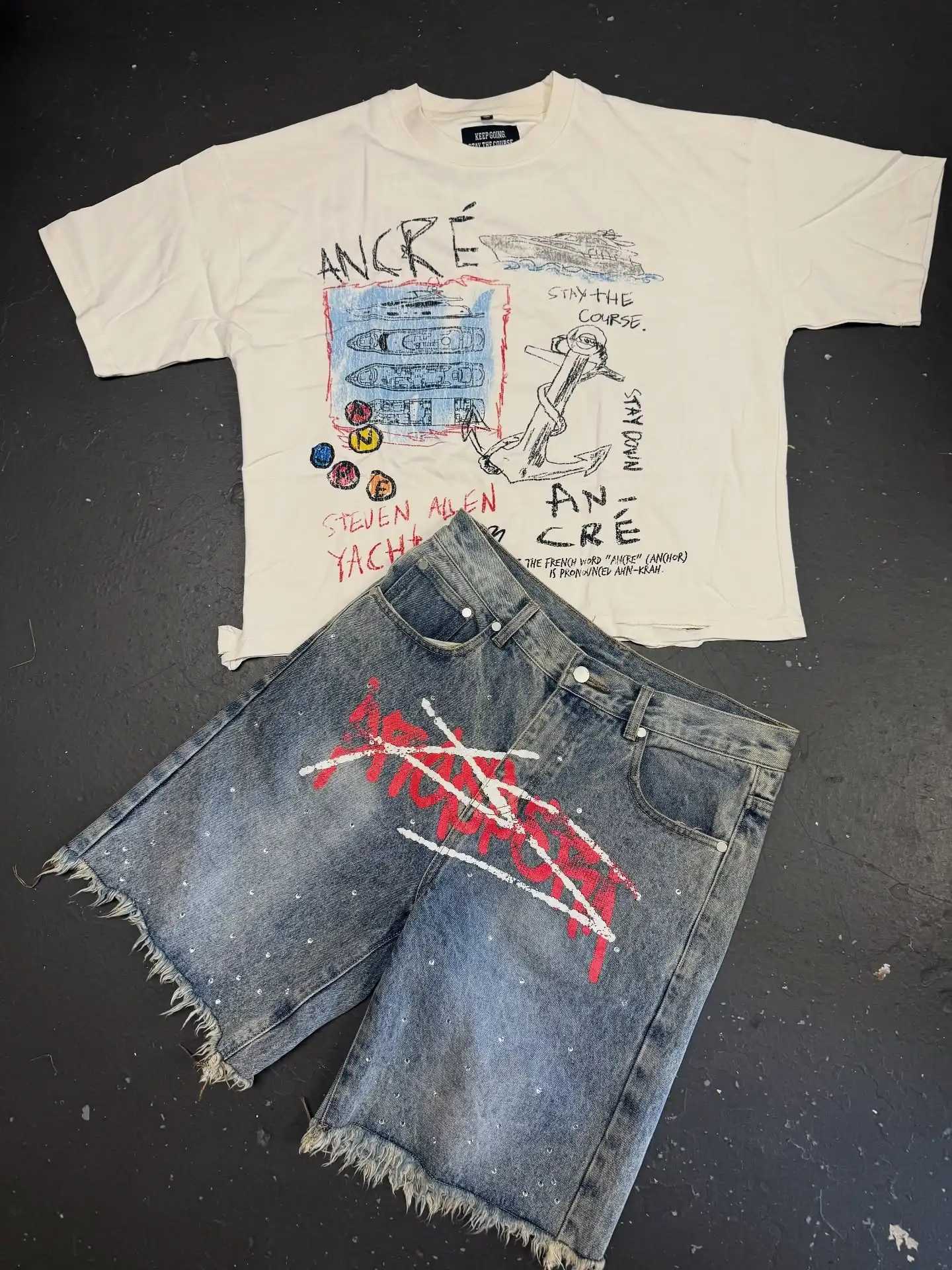 American Hip Hop Graffiti Letter Denim Shorts Tshirt Two Piece Set Y2K Suit Men Baggy Short Casual Knee Length Pants Casual TopsXJ251025