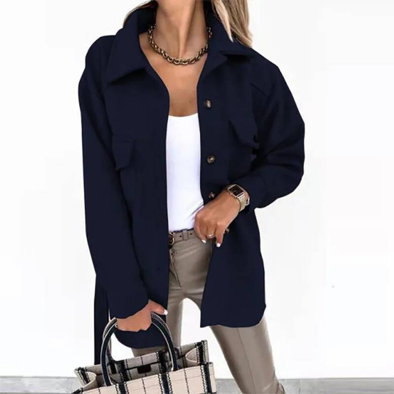 2023 Autumn/Winter New Women's Long Sleeve Temperament Solid Color Polo Button Lace Up Woolen Coat dongdumaoyi