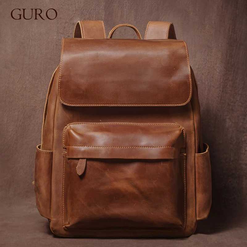 GURO Vintage Genuine Leather Backpack Mens Weekend Luxury Travel Backpacks Top Crazy Horse Cowhide Schoolbag For 16 Inch Laptop W251025