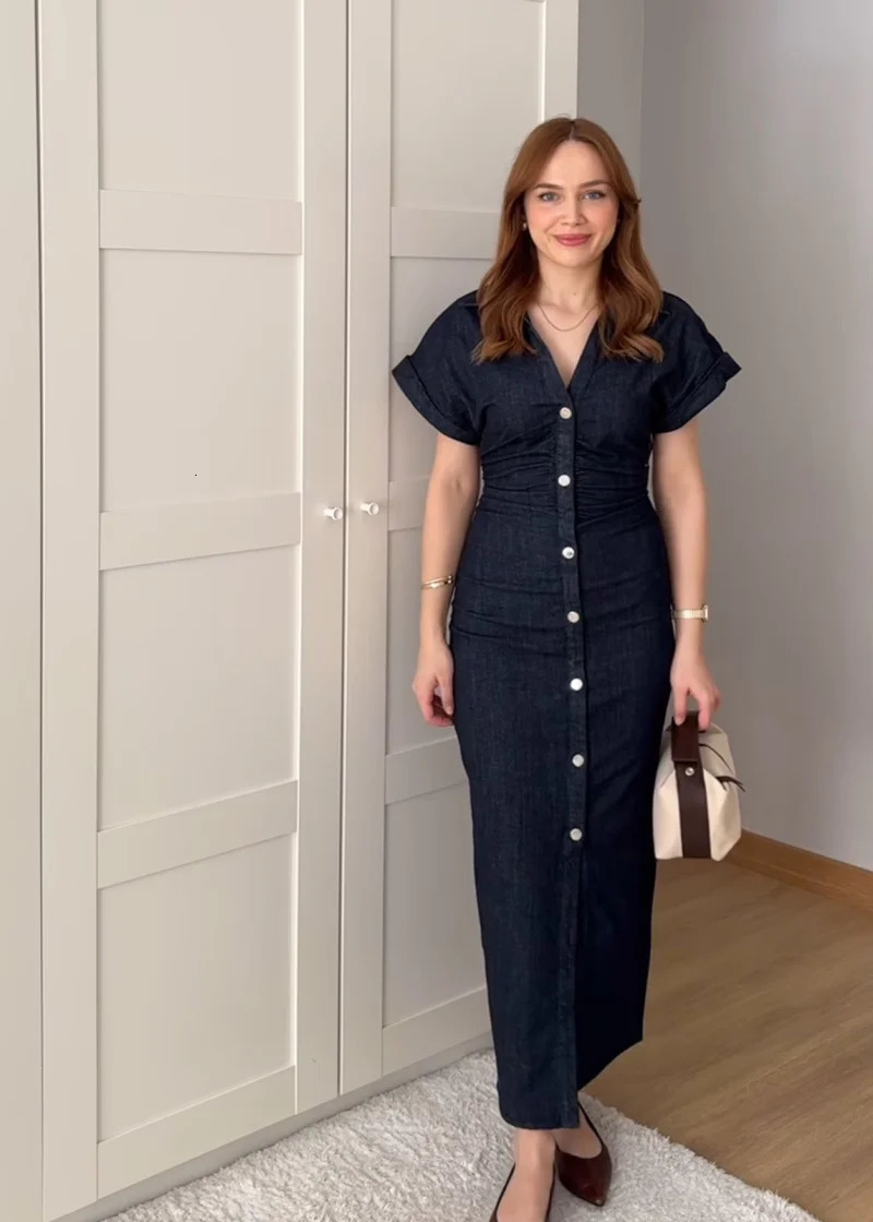 ETJ 2025 Spring 1975 series denim MIDI dress with lapel side zipper fashion wrinkle waist slim elegant dress 251023