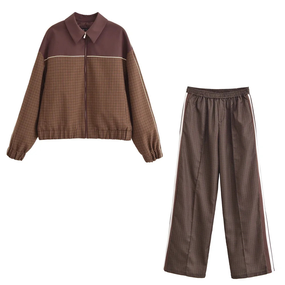 Two Piece Pant Set Loose and Fashionable Checkered Long Sleeved Lapel Zipper Spliced JacketLong Plaid Trousers 251021
