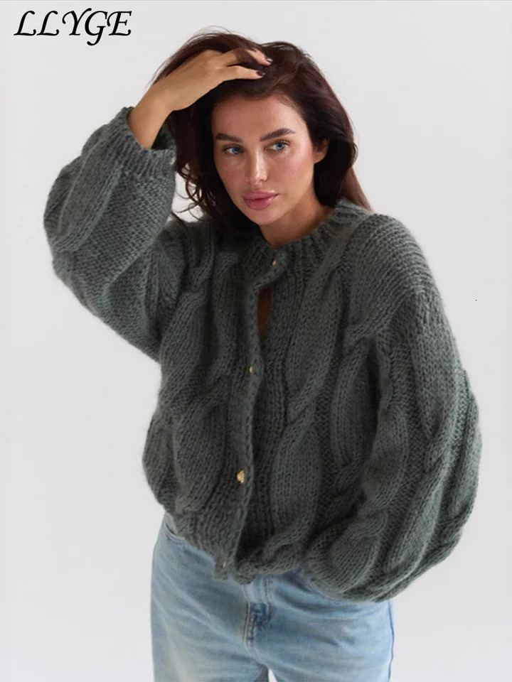 Casual Knit Twist Cardigans For Women Solid Oneck Single Breasted Long Sleeve Womens Sweater Autumn Winter Lady Fur Coat 251021