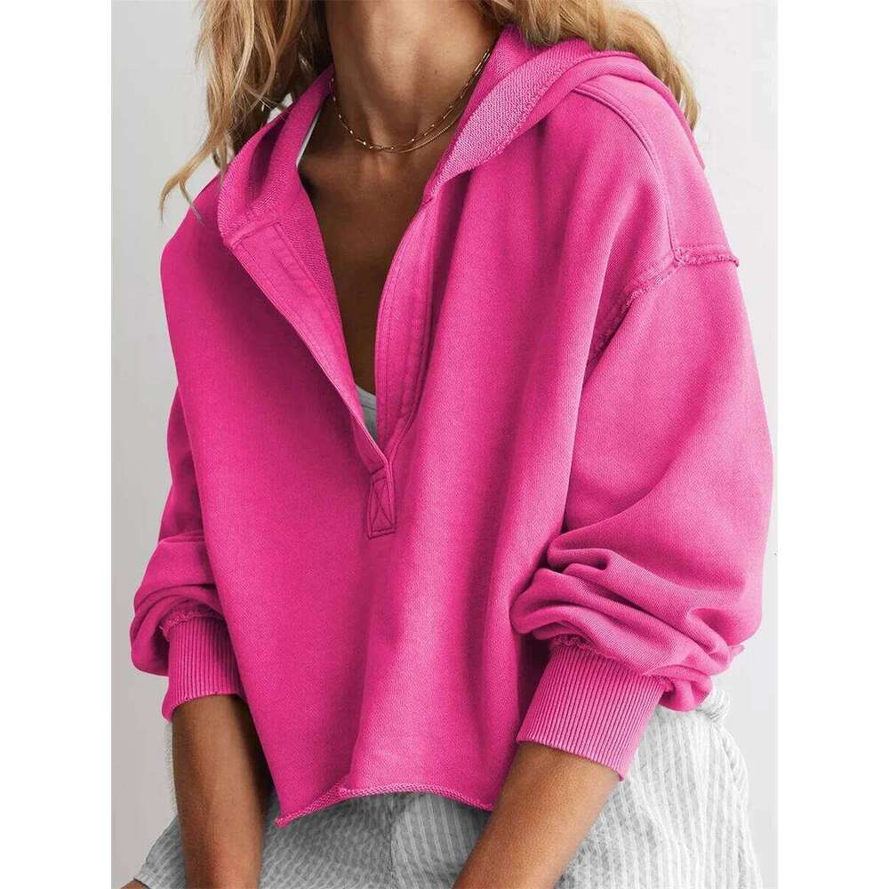 Women's Spring Autumn Hooded Sweatshirt Long Sleeve Solid Color V Neck Crop Hoodie hoodies women