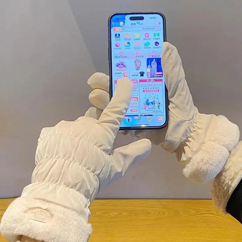 Korean 2pcs Plush Touch Screen Windproof Glove Thickened Plush Cold Resistant Waterproof Warm Cover Outdoor Cycling Skiing Glove 251023