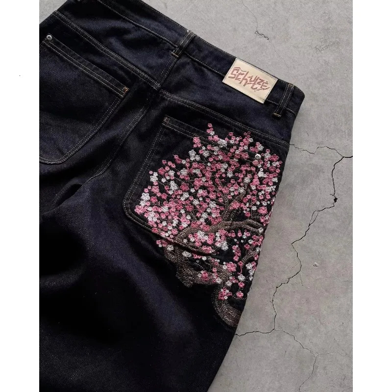 Sakura embroidered jeans Personalized street fashion wide legs wide legs multifunctional washing spread couple hip hop pants 251023