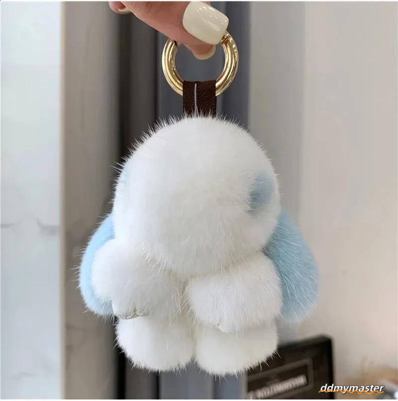 Cute Long Ear Bunny Keychain Real Mink Fur Rabbit Doll Pendant Toys Keyring Handbag Charm Ornament Pompom Plush Jewelry Gifts Y240829 Ddmymaster