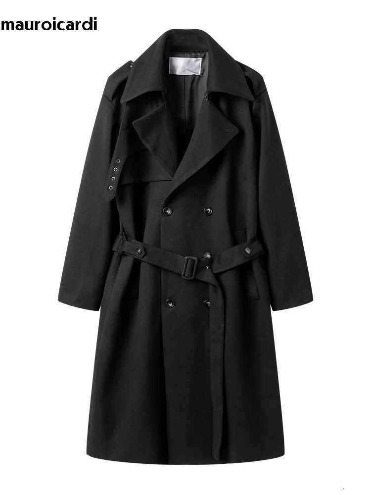 Mauroicardi Autumn Winter Long Oversized Windproof Black Warm Woolen Coat Men Sashes Double Breasted Wool Blends Overcoat 2023T251025