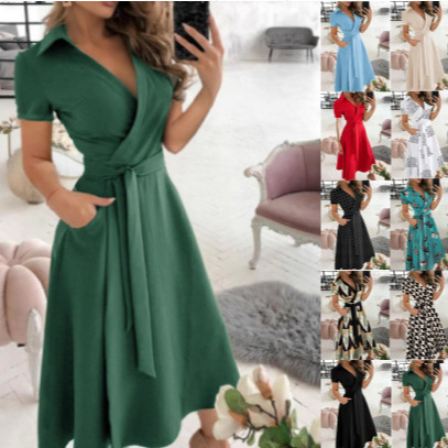 Spring and summer new fashion designer V-neck printed slim fit short sleeved dress for women in European and American style