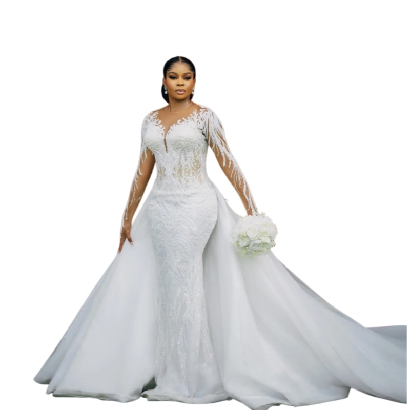 Luxurious Beads Lace Mermaid Wedding Dresses Long Sleeves African Aso Ebi Bridal Gowns With Detachable Train Champagne Jewel Neck 2026 Chapel Bride Dr