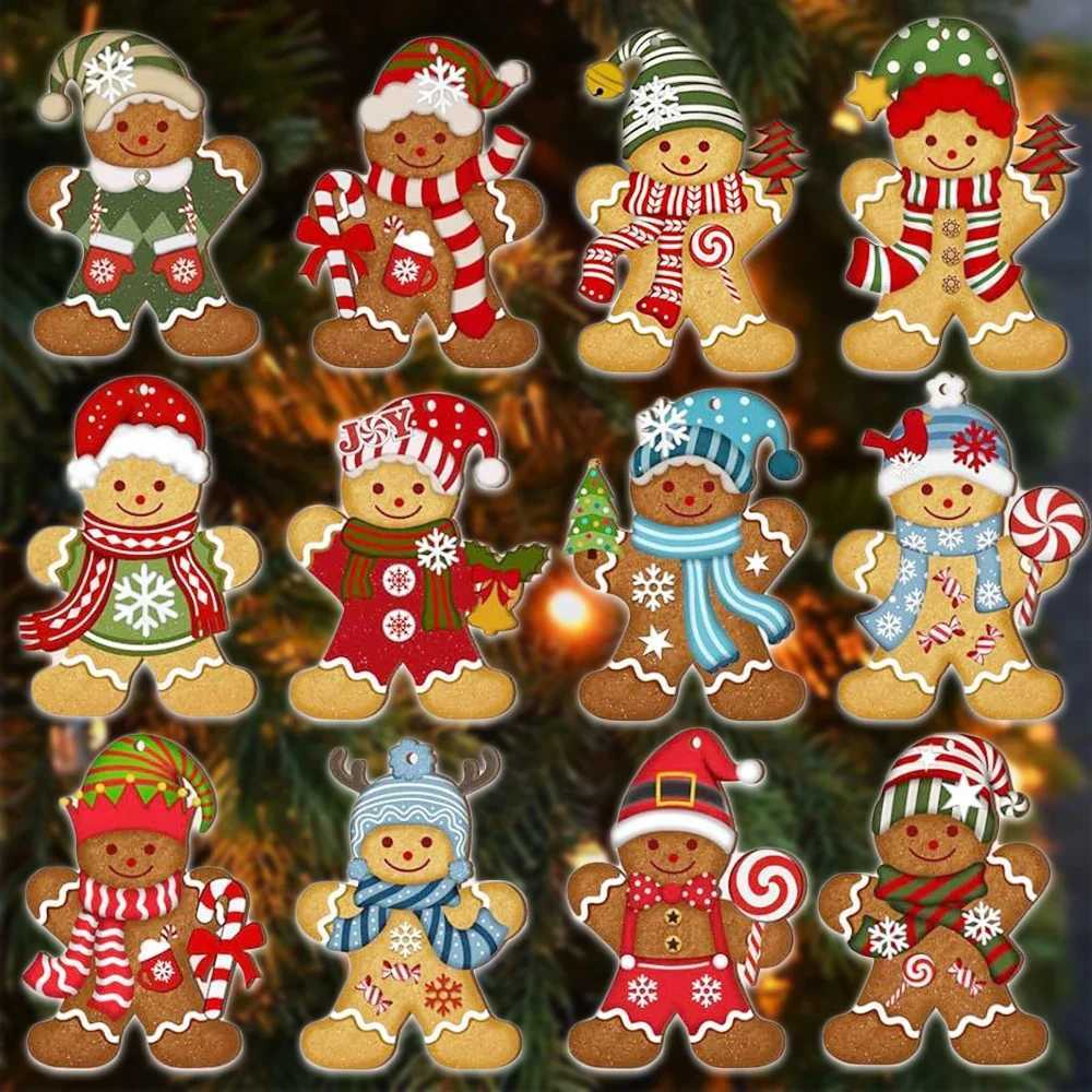 12pcsset Gingerbread Man Ornaments Christmas Tree Wooden Hanging Decorations Pendants Cute Cartoon Xmas DIY Hangings Home Decor C251024