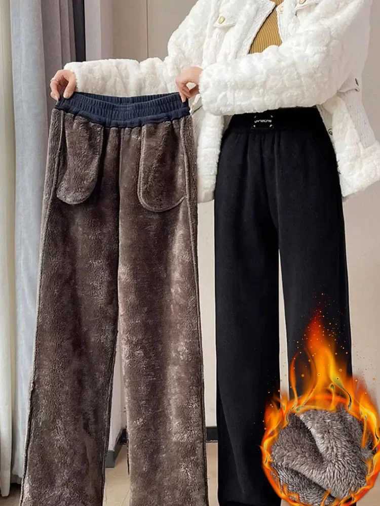 Winter Warm Thicken Lambswool Straight Pants Women Casual Elastic High Waist Fleece lined Wide Leg Pantalones Chic Baggy CalcaT251025