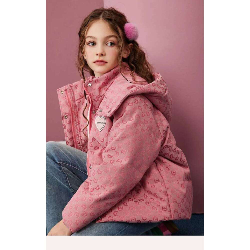Winter Warm Girls Pink All-Over Print Crop Hooded Zip Puffer Jackets School Kids Thick Coats Children Outfit Windbreaker 5-16 Yr
