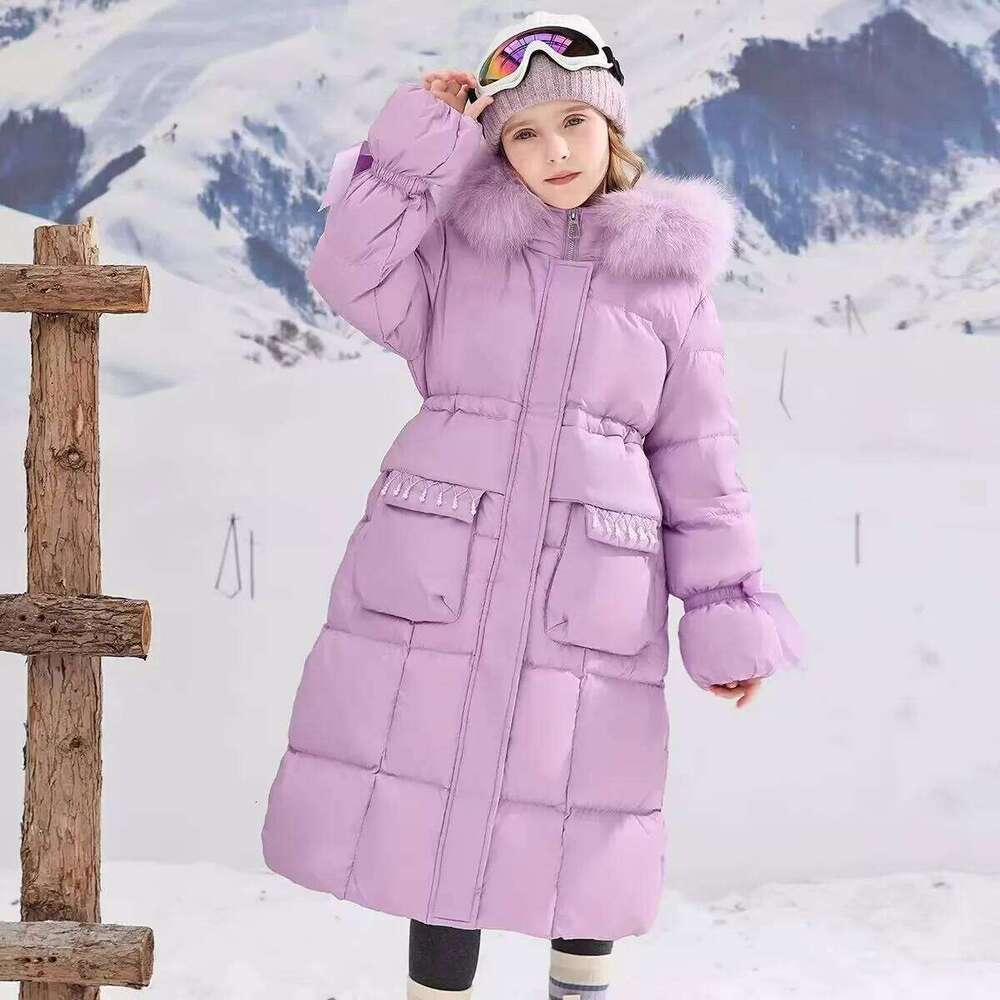 Winter Warm Girls Fashion Long Plain Fur Hooded Zip Puffer Jackets School Kid Thick Snow Coat Children Outfit Windbreaker 5-16Yr