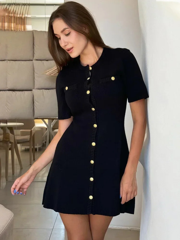 Trendix Elegant Knit Mini Dress Women Street Slim High Waist Short Sleeve Rib Sweater Dresses Vacation Bodycon Knitwear Dress 251023