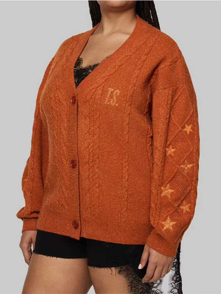 Orange Cable Knitted Womens Sweater Star Embroidery Cardigan Tops Trendy Casual Outerwear Vintage Autumn Tops Woman Casual WearT251025