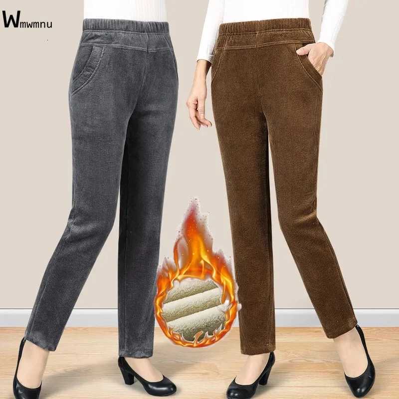 Casual Snow Wear Thick Warm Trousers Office Lady High Waist Stretch Fleece Bottoms Plus Velvet Corduroy Winter Pants Women BrownT251025